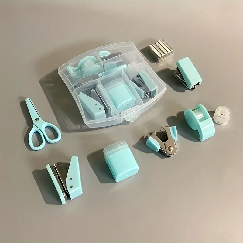 8PCS portable office school mini stationery gift box, including puncher, stapler, small tape, pencil case, scissors, 500 staples