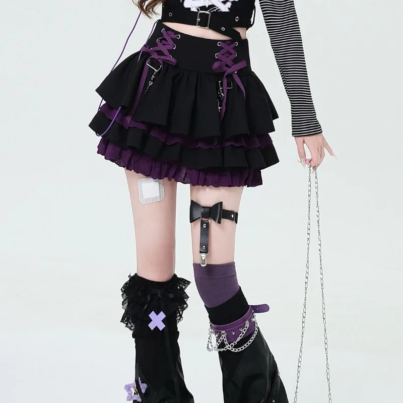 

Y2k Sweet Cool Lace Up Slim Waist Skirts Vintage Black Red A-line Cake Skirt for Women 2025 Summer New All-match Faldas Mujer