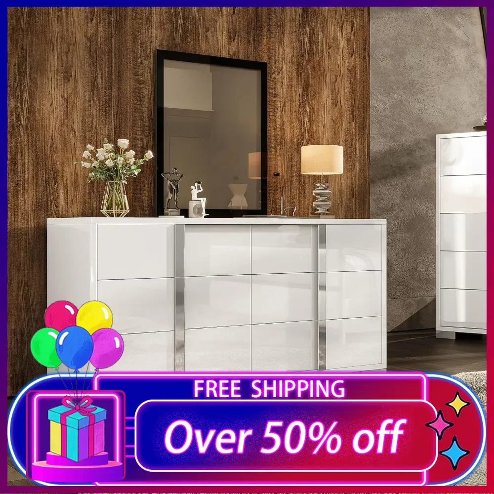 54" W High Gloss 6 Drawers Dressers with Silver Grooved Handles, Modern Storage Chest of Drawers with Wide Tabletop, White