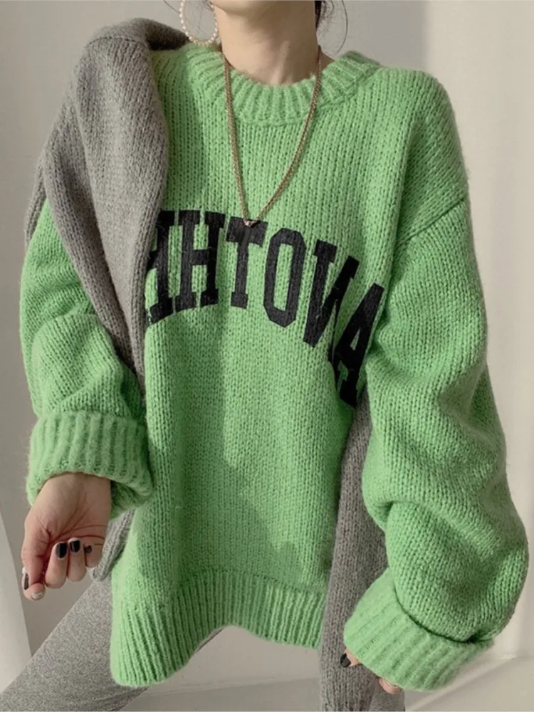 Winter Kleidung Frau Zieht Femmes Stil Westlichen Candy Farbe Pullover frauen Lose Verdickt Rundhals Brief Stricken Pullover Chic