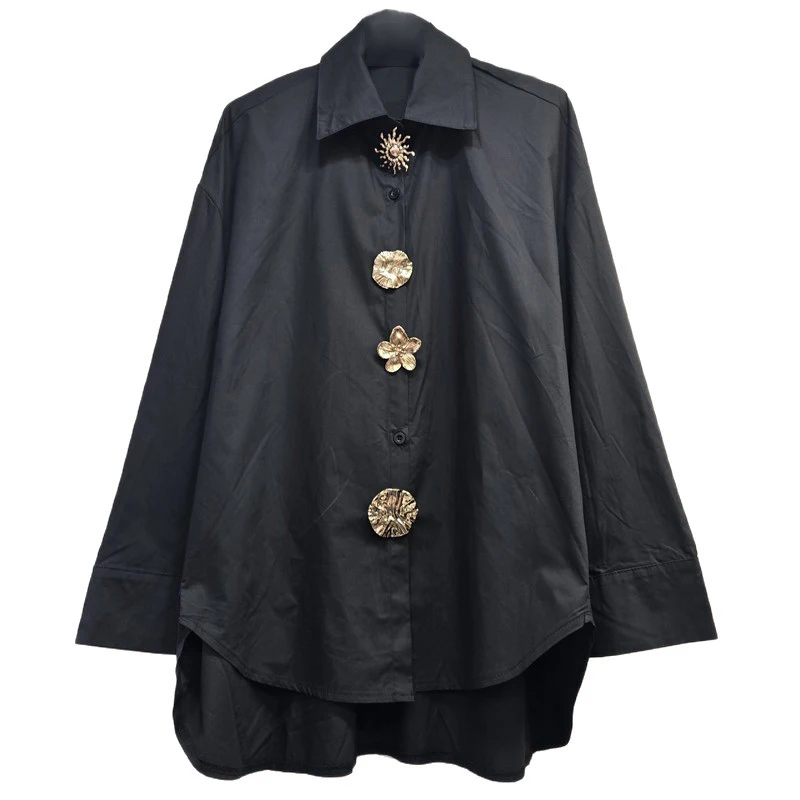 WTHT Nowa Modna Damska Koszula z Kwiatową Ozdobą na Guziki, Luźny Krój, Wiosna 2026, Modna Bluzka z Kołnierzykiem i Długimi Rękawami, Model Damski 1LS2794