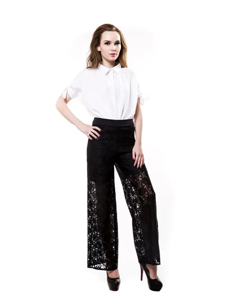 HOUZHOU Sexy Lace Pants Women Black High Waist Wide Leg Trousers Female Vintage Harajuku Hippie Punk Grunge Streetwear Y2k Pants