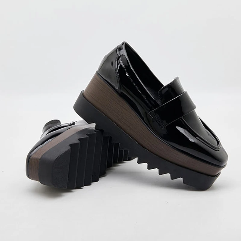 

Heightening Shoes Woman Square Toe Platform Wedge Loafers Casual Shallow Slip on Oxford Black Patent Leather Pumps Zapatos Mujer