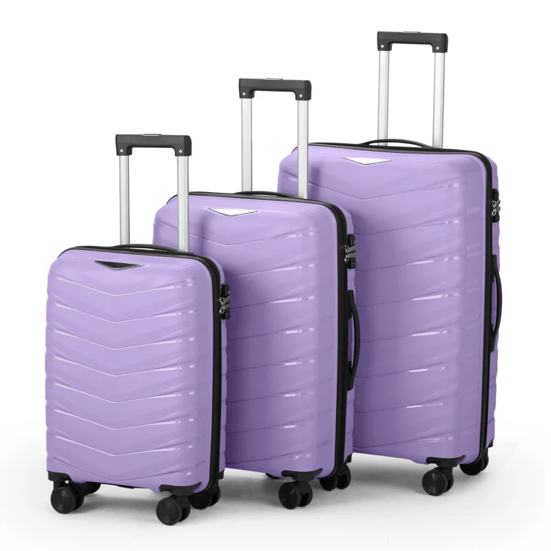 

V-shaped stripes 3-in-1 PP trolley case 20in 24in 28in PP iron trolley fashionable color - taro purple (grain pattern)