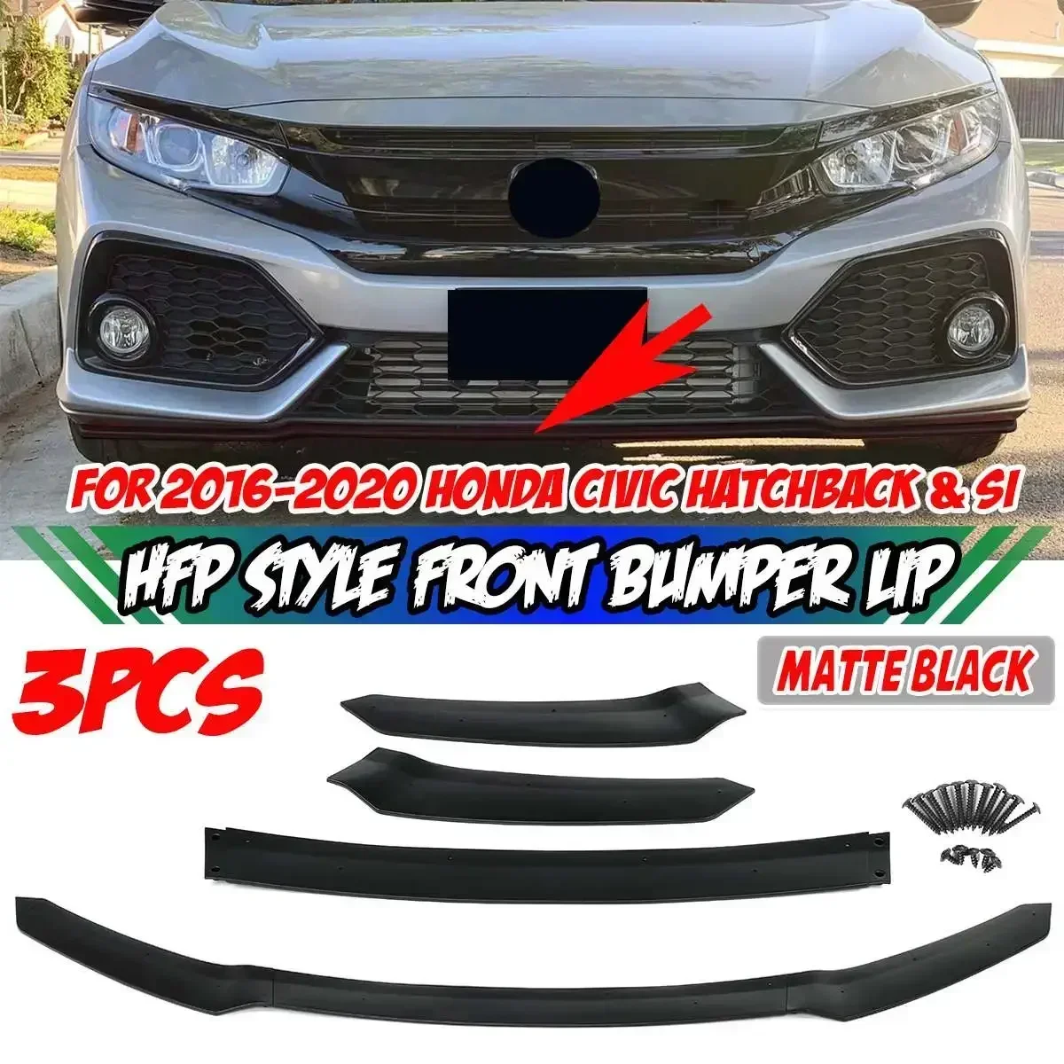 

3PCS Car Front Bumper Splitter Lip Under Spoiler Diffuser Protector Cover For Honda For Civic Hatchback & Si 2016-2020 Body Kit