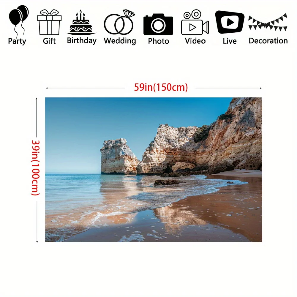 2D плоский баннер, 1 шт. Приморский пейзажный фон - пляжные скалы, горы, морской пейзаж, баннер