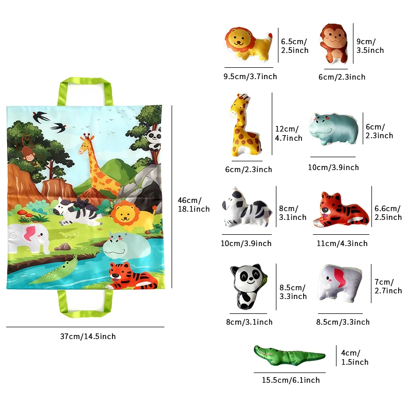 10PCS Animals felt play toy, 9 soft animals toys with game pad storage bags, colorful puzzle toy set