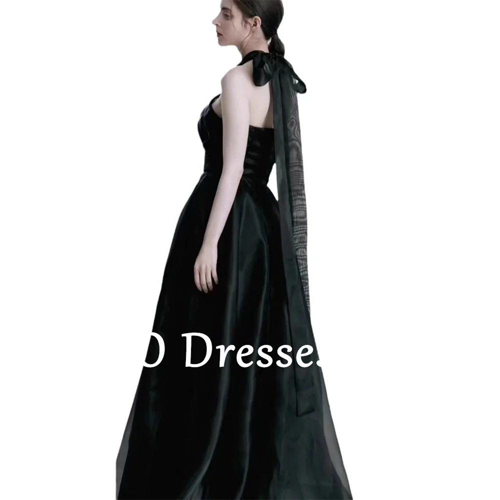 ZHIO Simple Black Evening Dress A-Line Halter Floor-Length Formal Party Occasion Dresses A-line Satin Prom Gown Customized