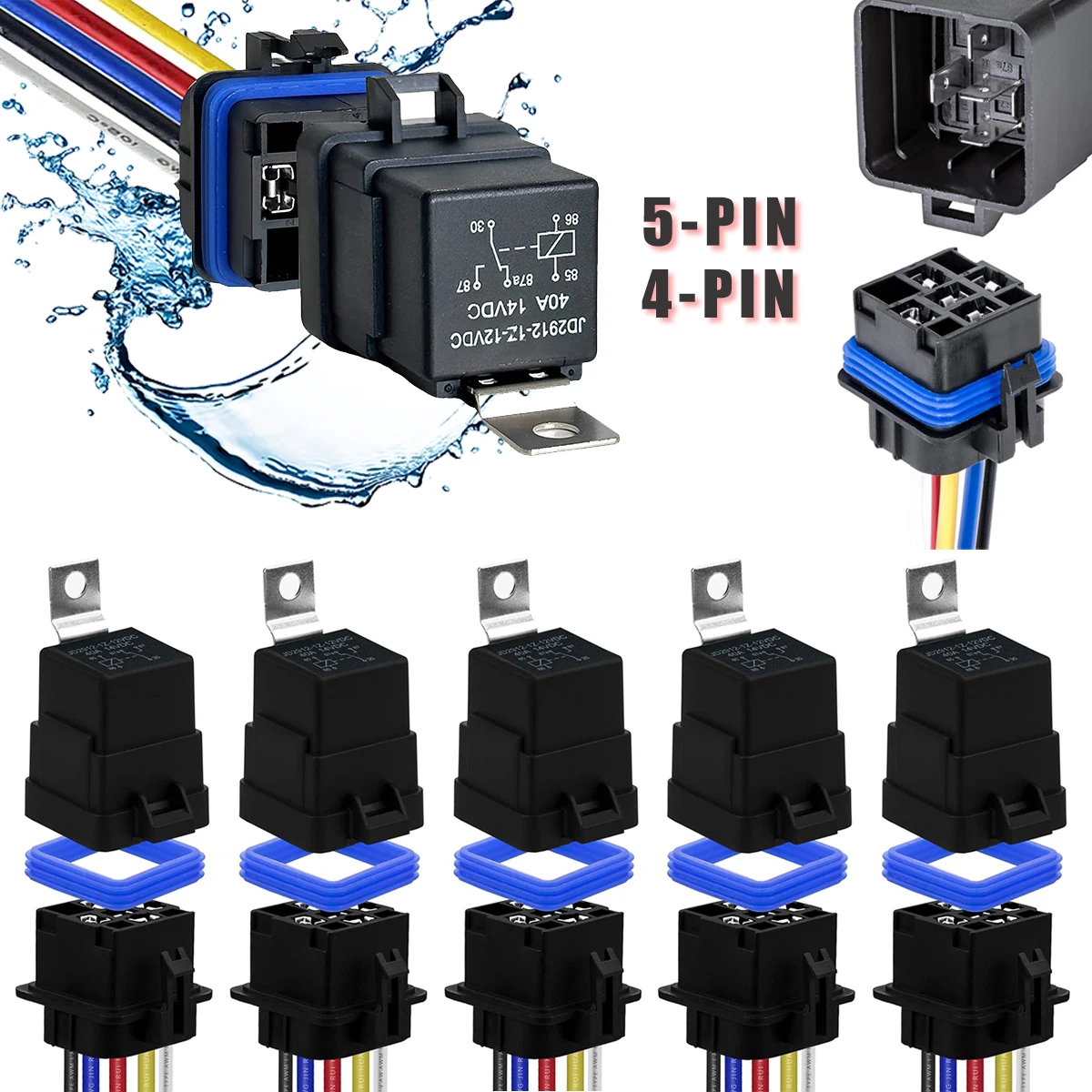 5-pack Waterproof integrated car relay with Harness socket Set 12/24V 40A Relays Four-Wire And Five-Wire Base Car Marine Relays