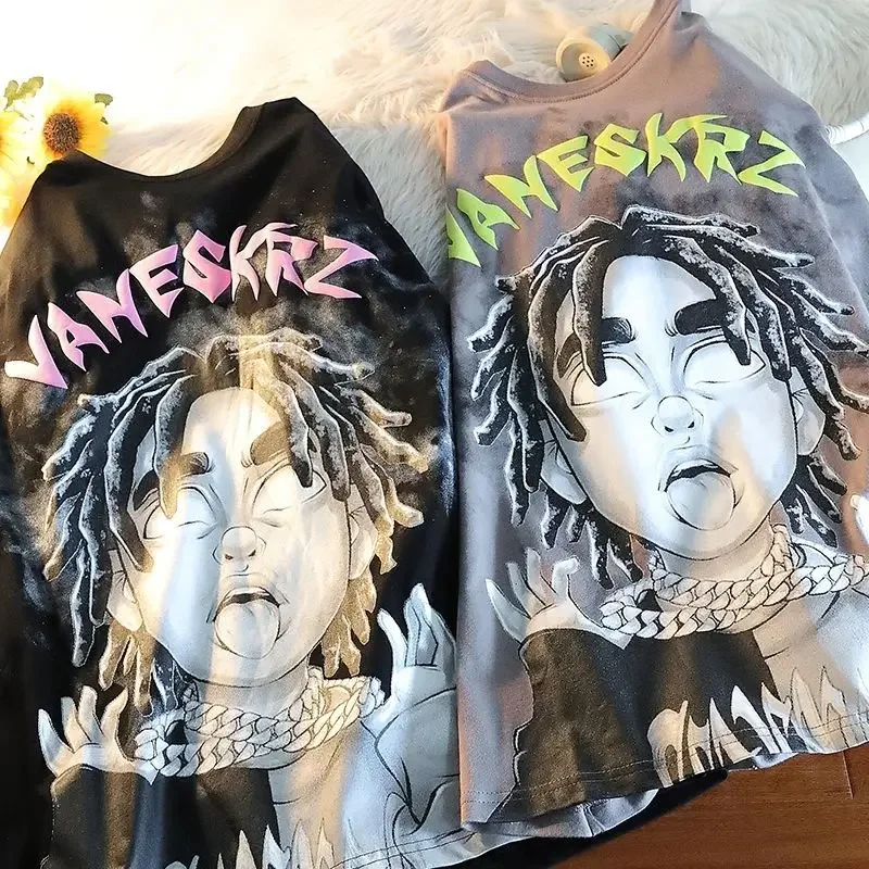 Pure Cotton American Retro Trendy Short Sleeved Oversize Men and Womenloose Fitting Street Hiphop Character Ins Style T-shirttop