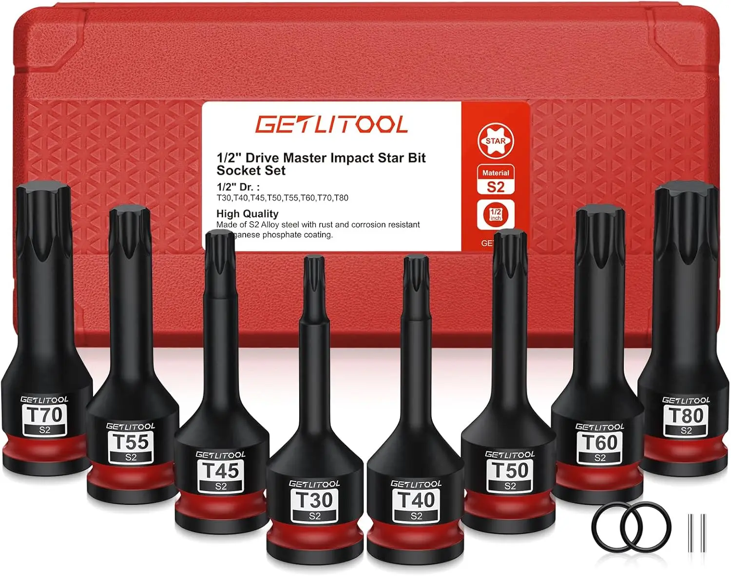 

8Pcs Impact Torx Bit Socket Set, 1/2" Drive S2 Steel Star Bit Sockets T30-T80 with Size-marked and Storage Case for Car Repair