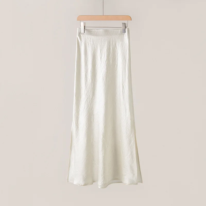 Spring Acetic Acid Satin Skirt Women's New Thin Elastic Waist French Pleated Fishtail Skirt Medium Long
