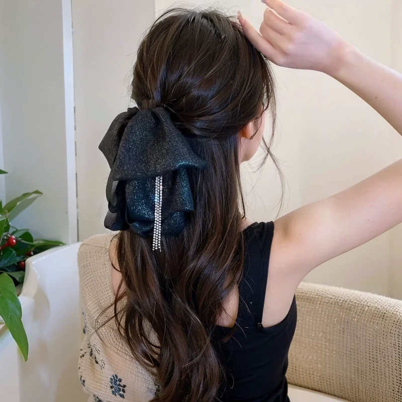 

Women Rhinestone Tassels Ribbon Black Hair Accessories Female Grab Clip Hair Claw Mesh Bowknot Hairpin Fashion Solid Hair Clips