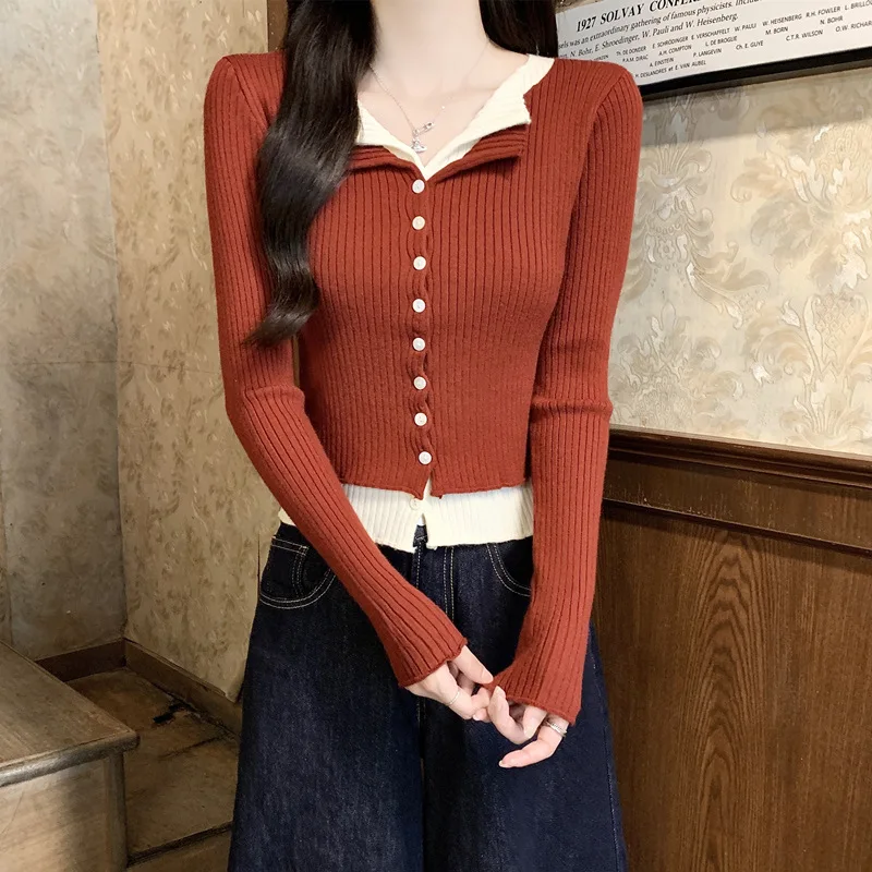 เสื้อสเวตเตอร์คอวีแขนยาวสองชั้นทรงเข้ารูป สไตล์เริ่มต้นฤดูใบไม้ร่วง พร้อมเสื้อซับใน ปี 2025