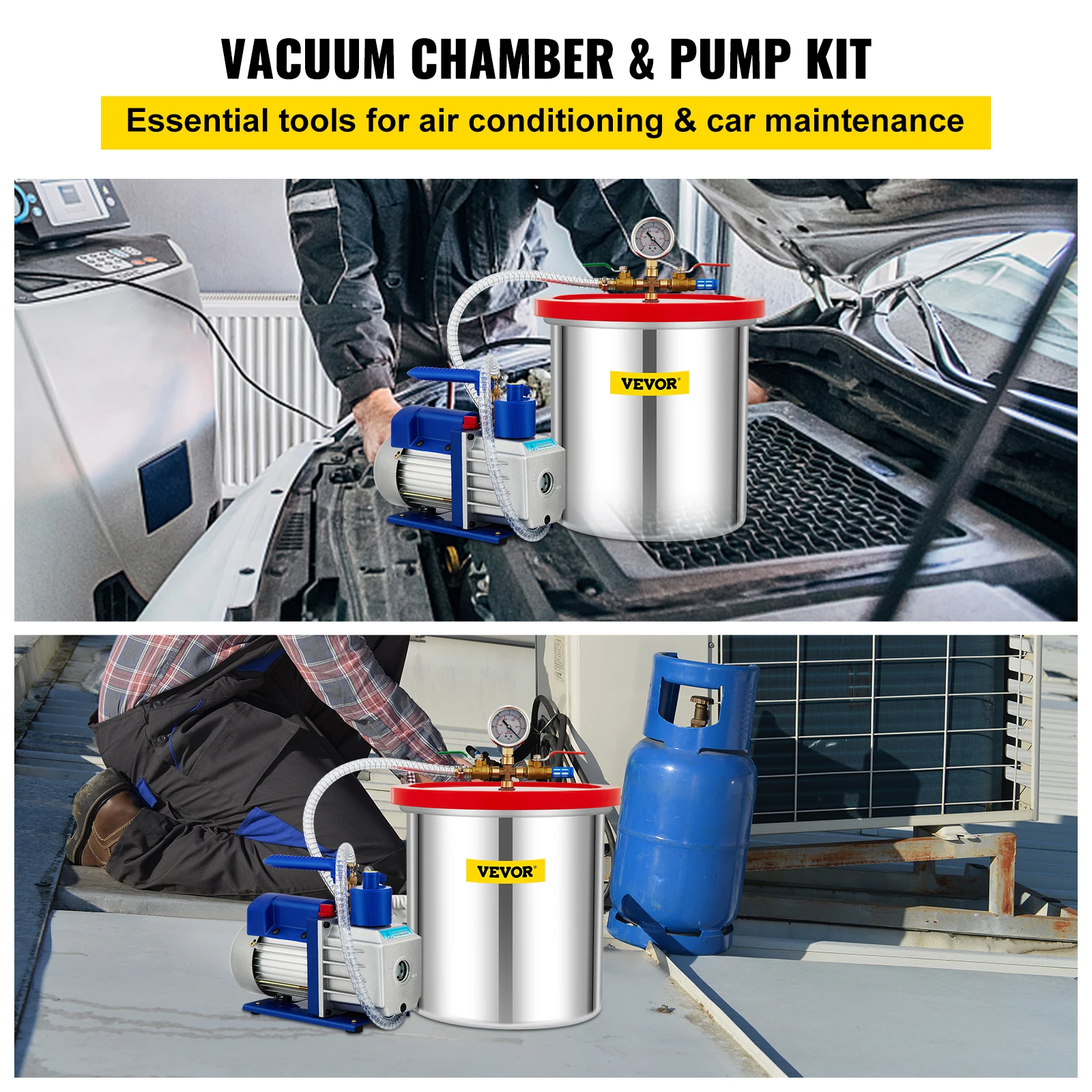 VEVOR Vacuum Pumps W/5Gal Chamber 5CFM 1/2HP Single Stage Vacuum Pump HVAC Air Tool Set for Stabilizing Wood/Degassing Silicones