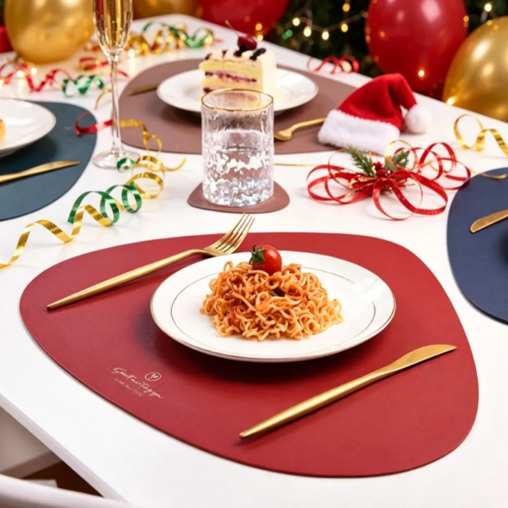 Christmas Red Placemats And Coasters Set Oil-Proof PU Leather Irregular Shape for Kitchen Coffee Shop 1/6/10sets Options Gift
