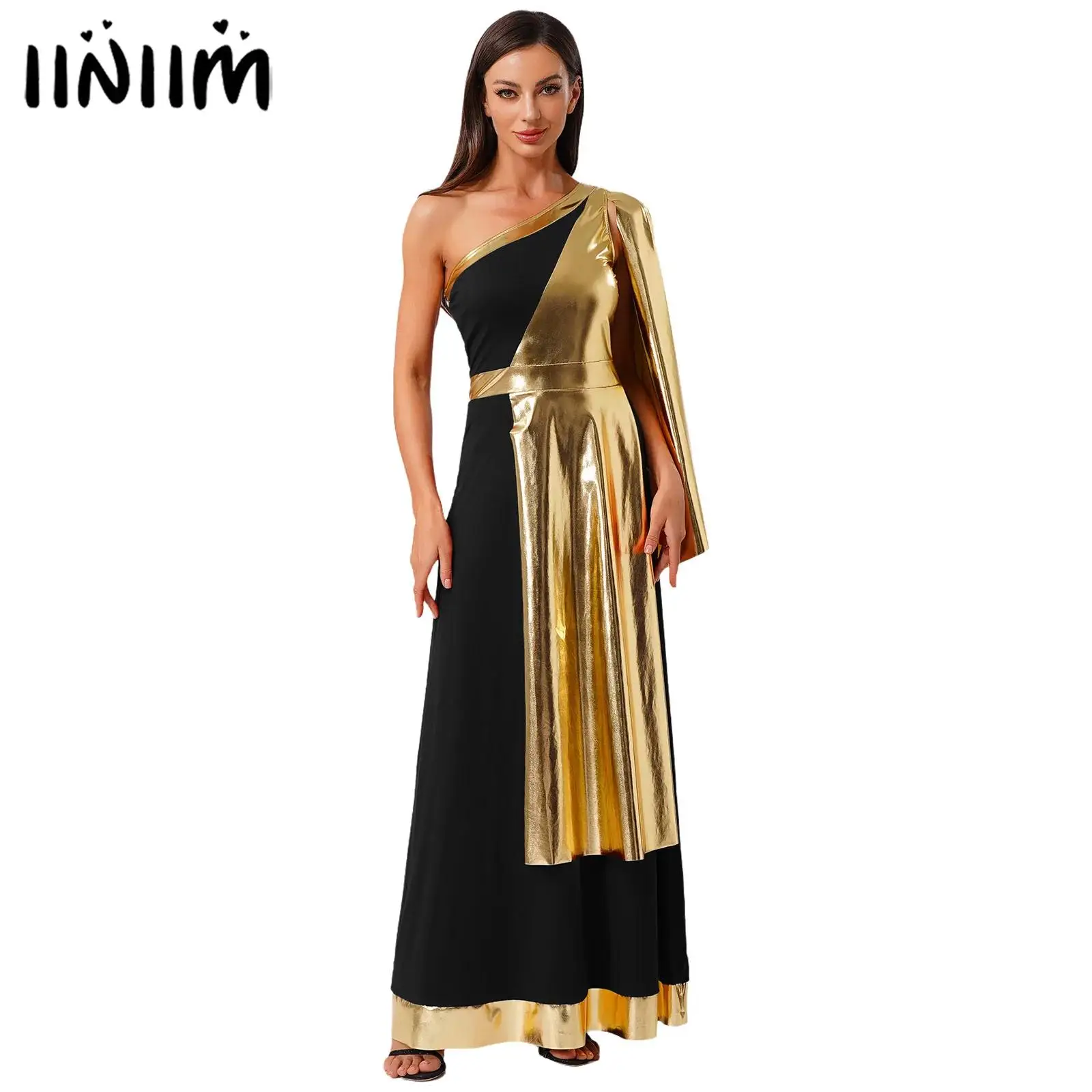 

Womens Ancient Greek Roman Beauty Cosplay Tunic Dress Metallic Shiny Layer Toga Christian Lyrical Dance Dress Halloween Costume
