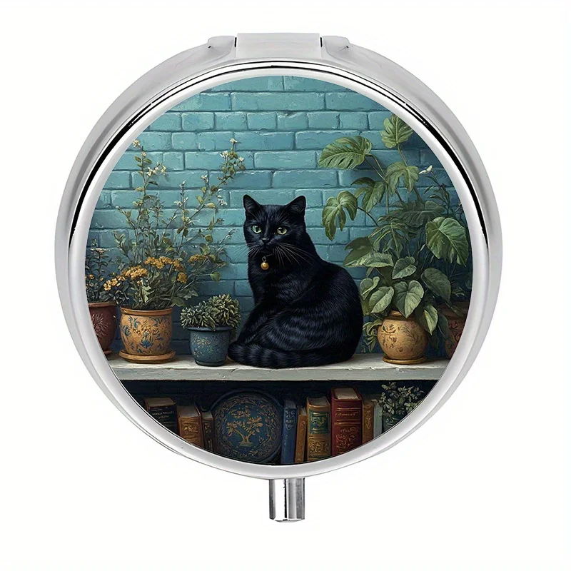 Single pack, mini pill box with 3 compartments, mini pill box with a black cat on a wooden shelf, compact daily pill box, travel-friendly unique gift