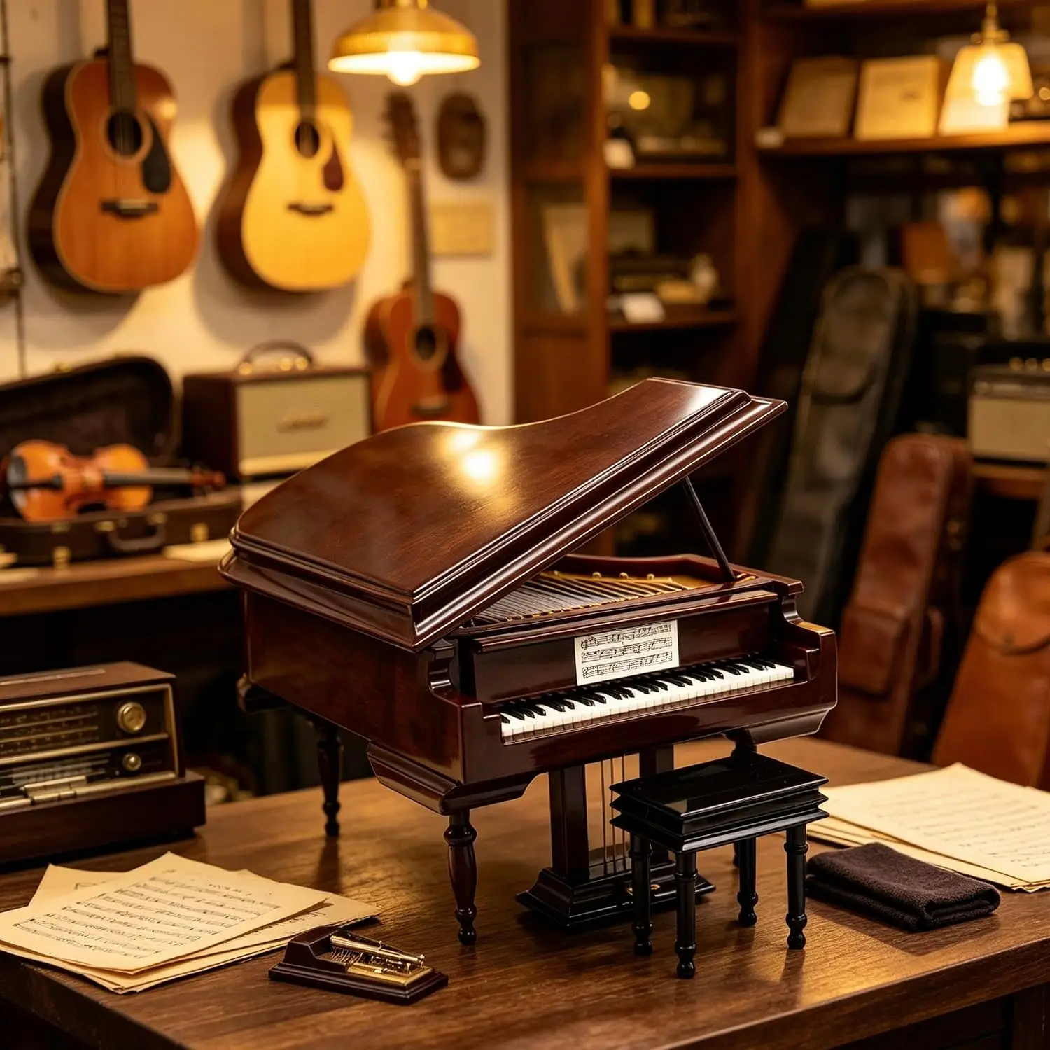 Piano-Shaped Music Box with Bench and Black Case, Canon Melody, Musical Gift for Christmas, Birthday and Valentine's Day