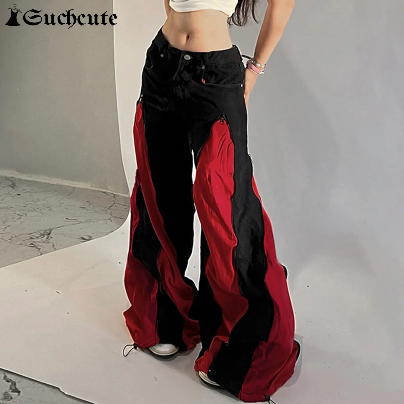 

SUCHCUTE High Street Low-rise Contrasting Casual Pants Women Hip Hop wide-legged Trousers Y2K Streetwear Loose Pant Chic Clothes
