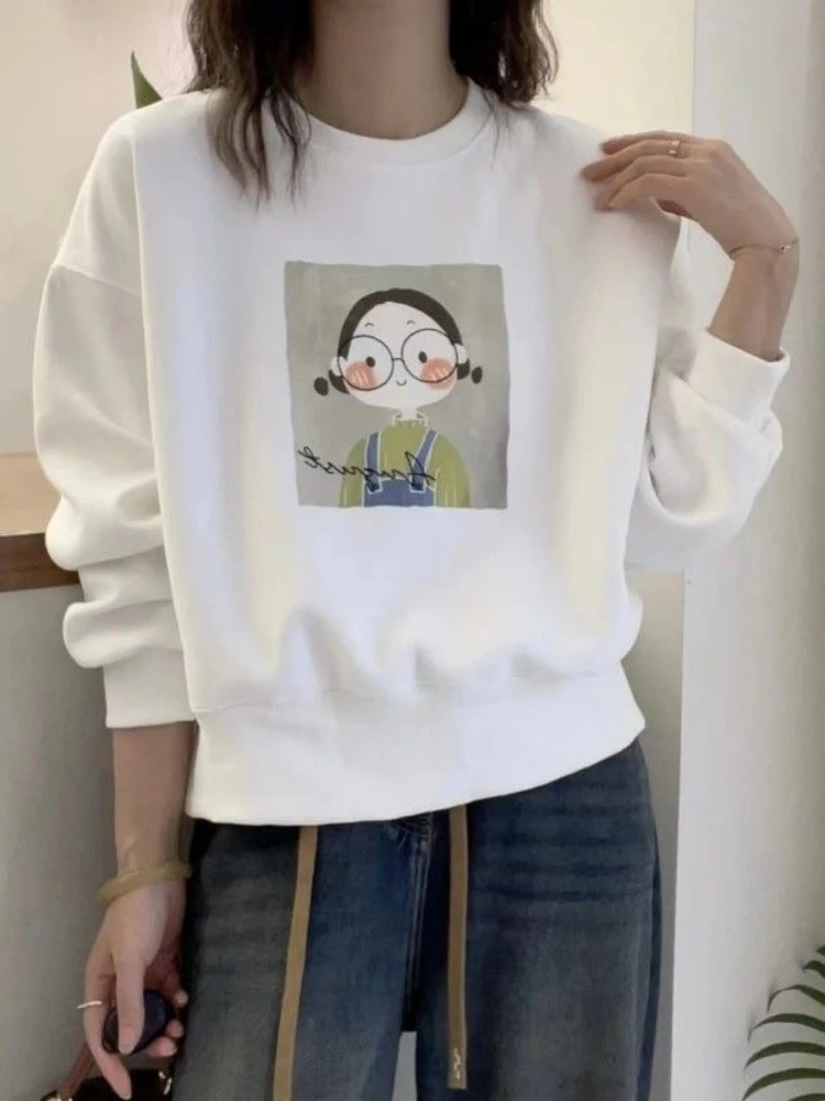White Long Sleeve round Neck Printed Sweatshirt Women's Fashionable Autumn Winter Top Breathable Comfortable Straight Cut Style