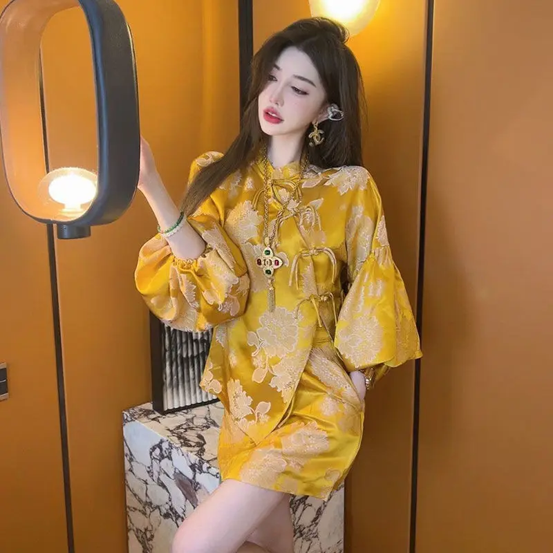 Korean Fashion Socialite High-end Top Women's Summer New Chinese Yellow Satin Shirt Half Skirt Two-piece Set Female Clothing