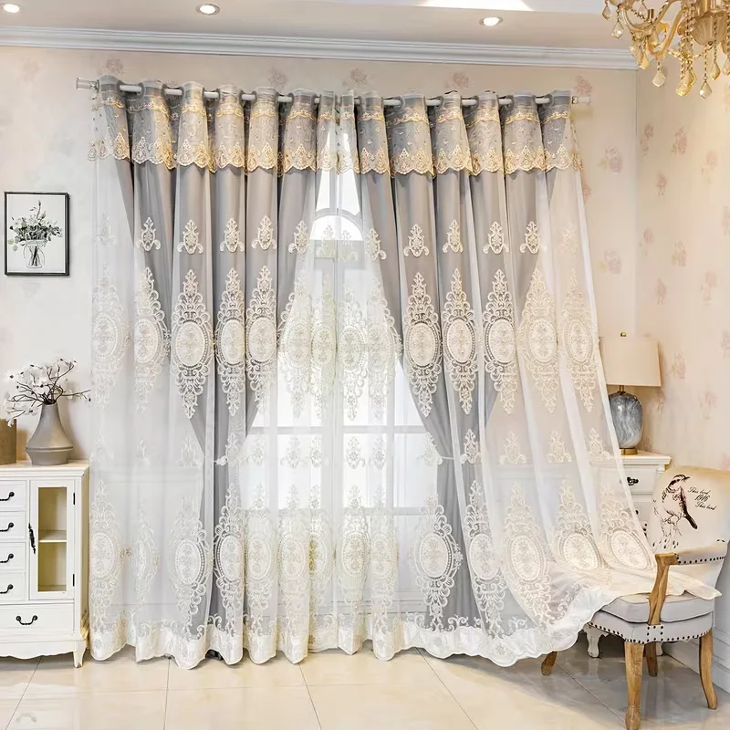 1pc Double Layer Multicolor Blackout Curtain, European Palace Embroidered Sheer + Blind Set, Easy Install for Living Room Bedroo
