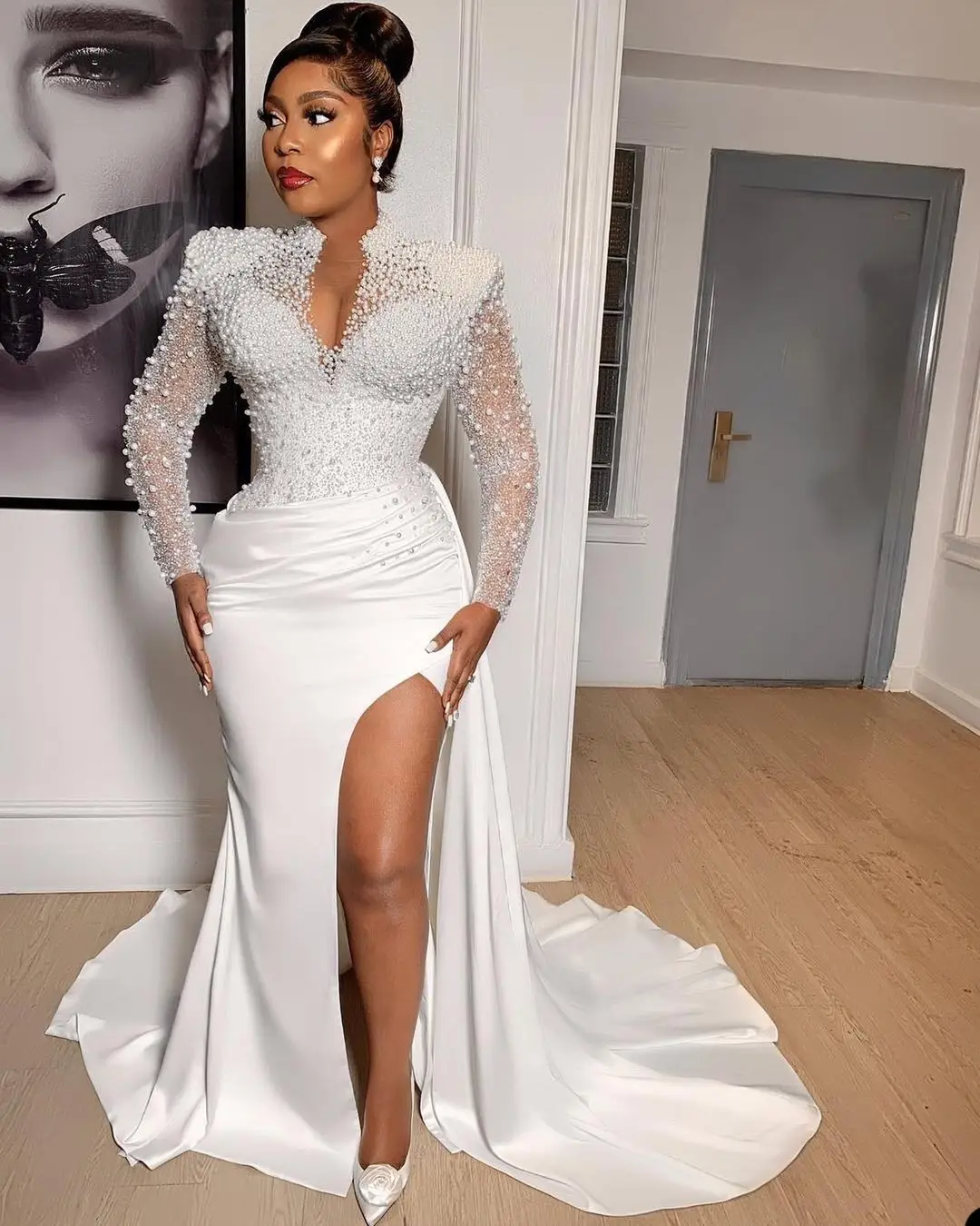 Abiti da sposa a sirena personalizzati Abiti da sposa con spacco laterale in pizzo con collo alto e maniche lunghe Robe De Mariée