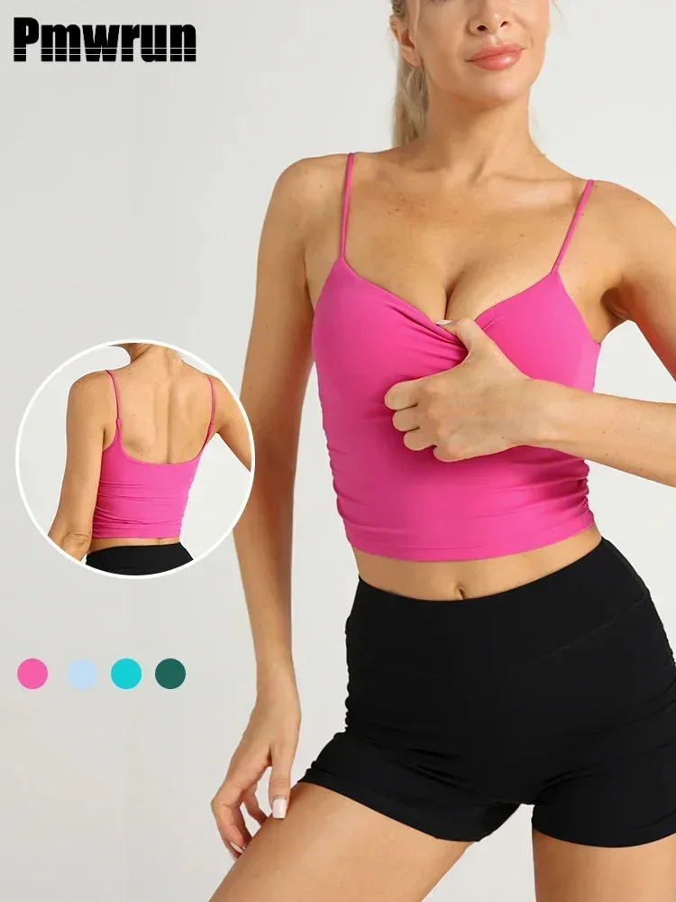 

Pmwrun Summer Women Fashion Solid Color Suspender Tops Pleats Women Breathable Gym Push Up Workout Running sport Yoga Clothing