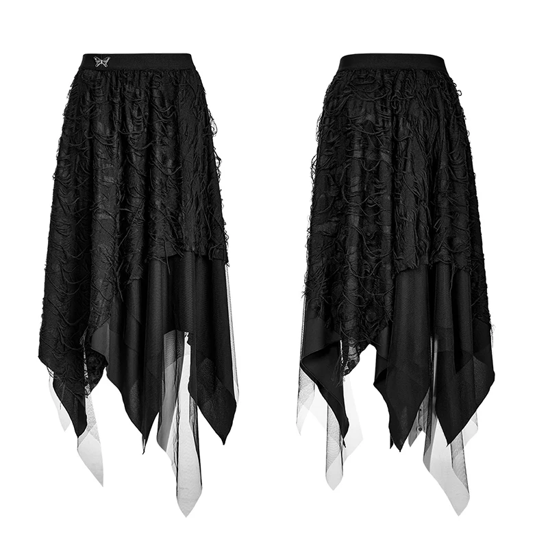 PUNK RAVE Women\'s Punk Style Dry Butterfly Asymmetrical Half Skirt Fashion Mesh Burnt and Tattered Female Black