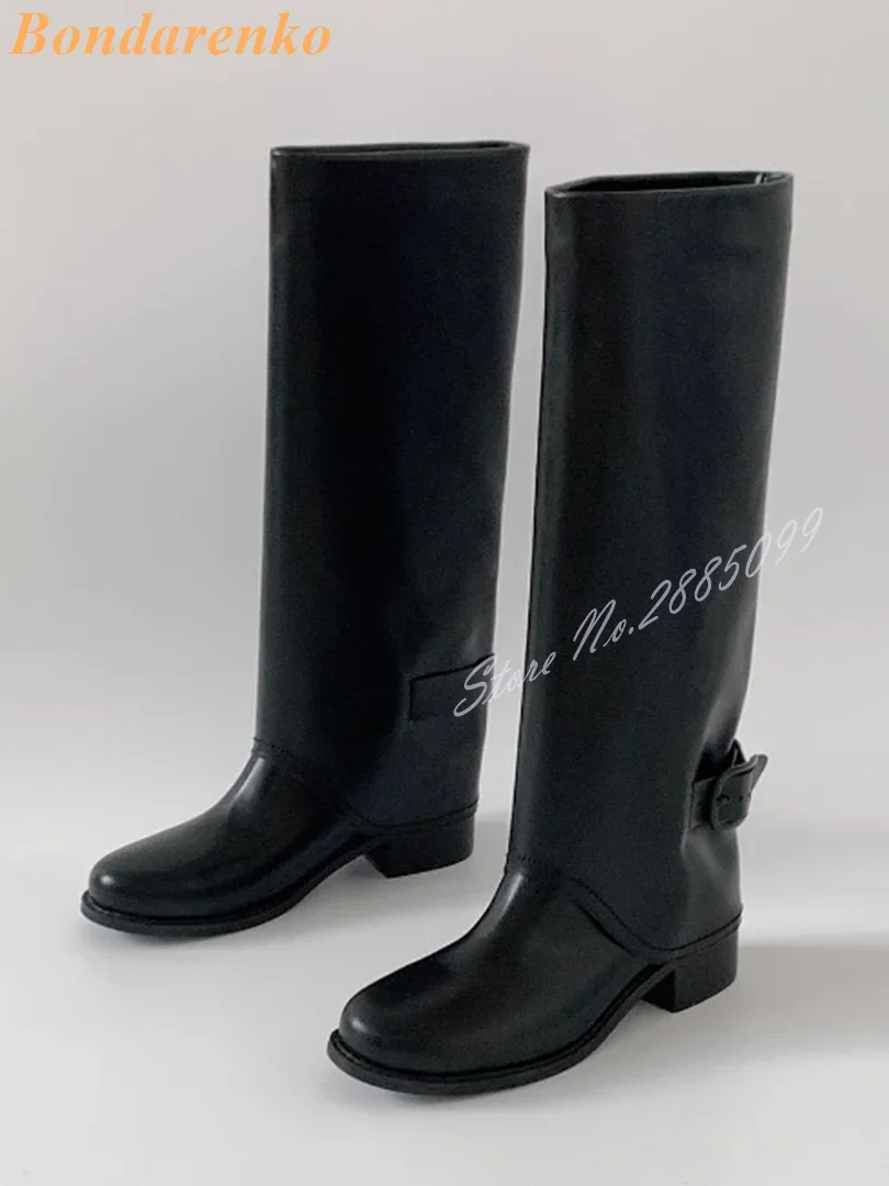 Buckles Trouser Knee High Boots Round Toe Chunky High Heels Solid Leather Women Casual Shoes Autumn Winter Party Designer Boots