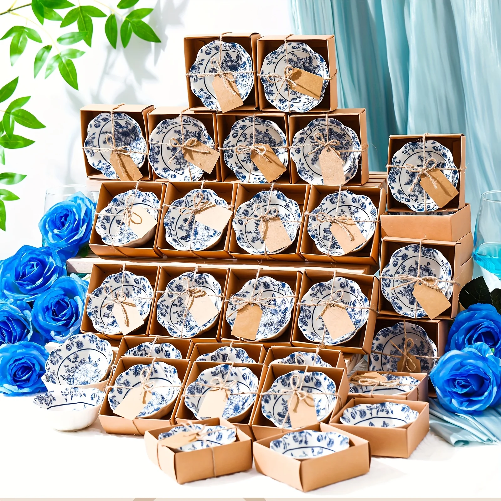 

48pcs Wedding Favors for Guests Small Ceramic Bowl Bulk Gifts Set 3.3 Inch Floral Design Mini Dipping Bowl Sauce Dish with Cards