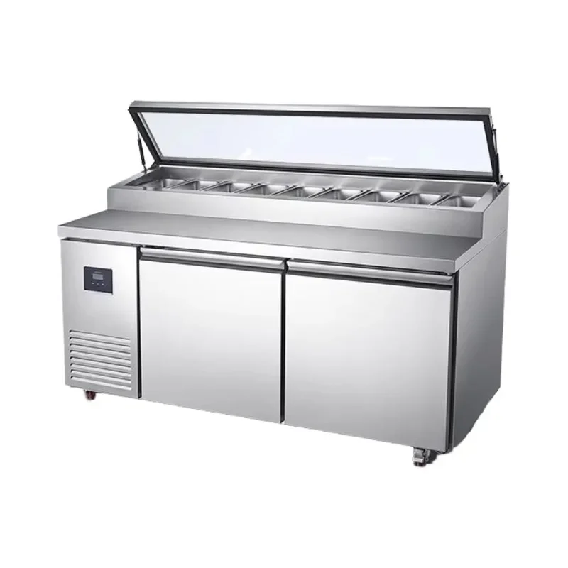 

Commercial kitchen equipment stainless steel, salad preparation, restaurant and hotel cooling refrigerators