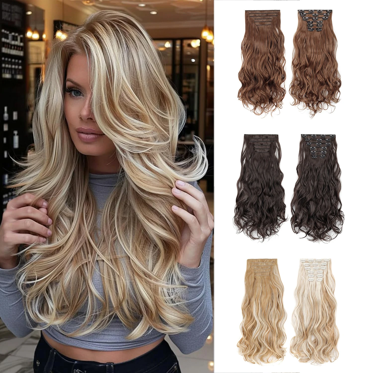 Jeedou Wavy Hair 6Pcs/Set Clip-in Hair Extensions for Full Head Blonde Brown Synthetic Hairpiec for Women Ladies Daily Use