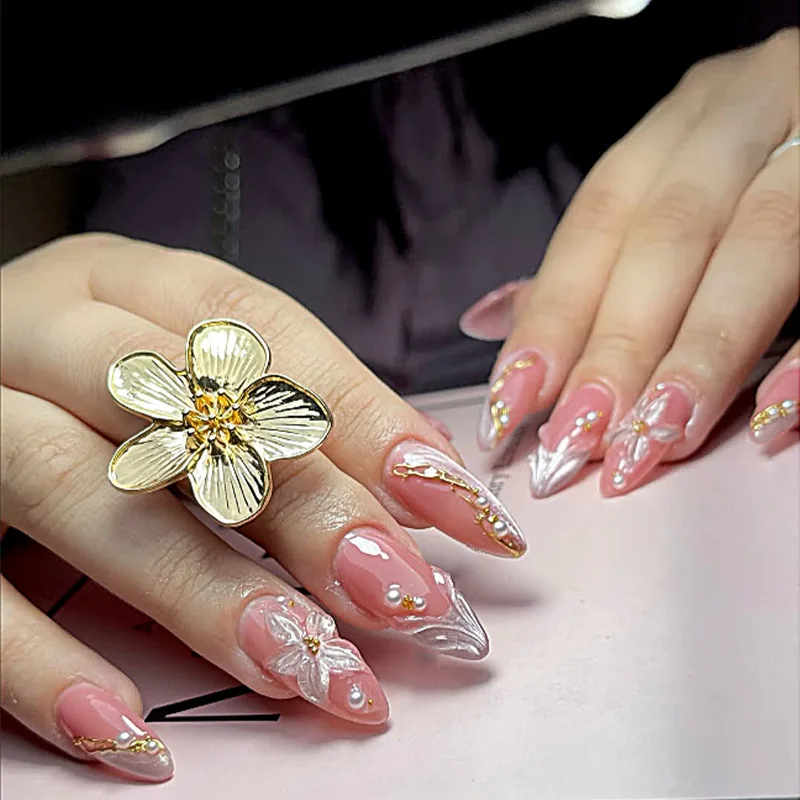 

24PCS Pink Almond Press on Nails 3D White Flower Gold Line Pearl Decor French Sweet Elegant Style Reusable Acrylic False Nails