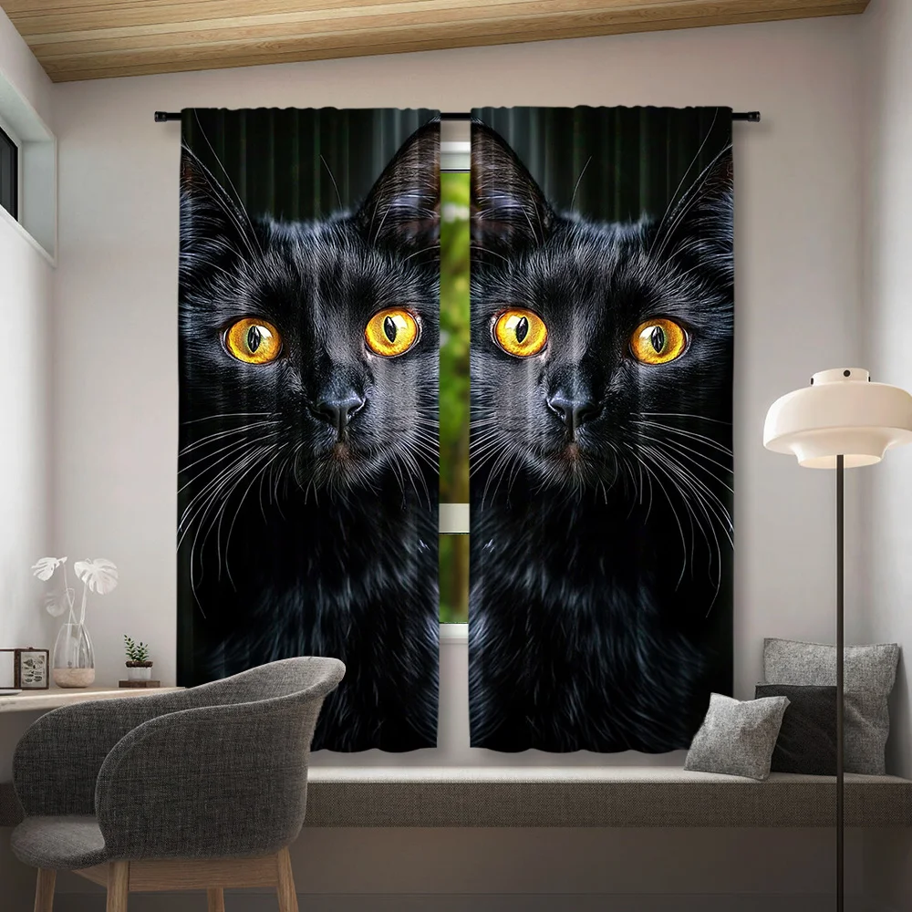 Large Black Cat Pair Curtain Panels for Living Room Home Decor Gothic Style Window Treatment