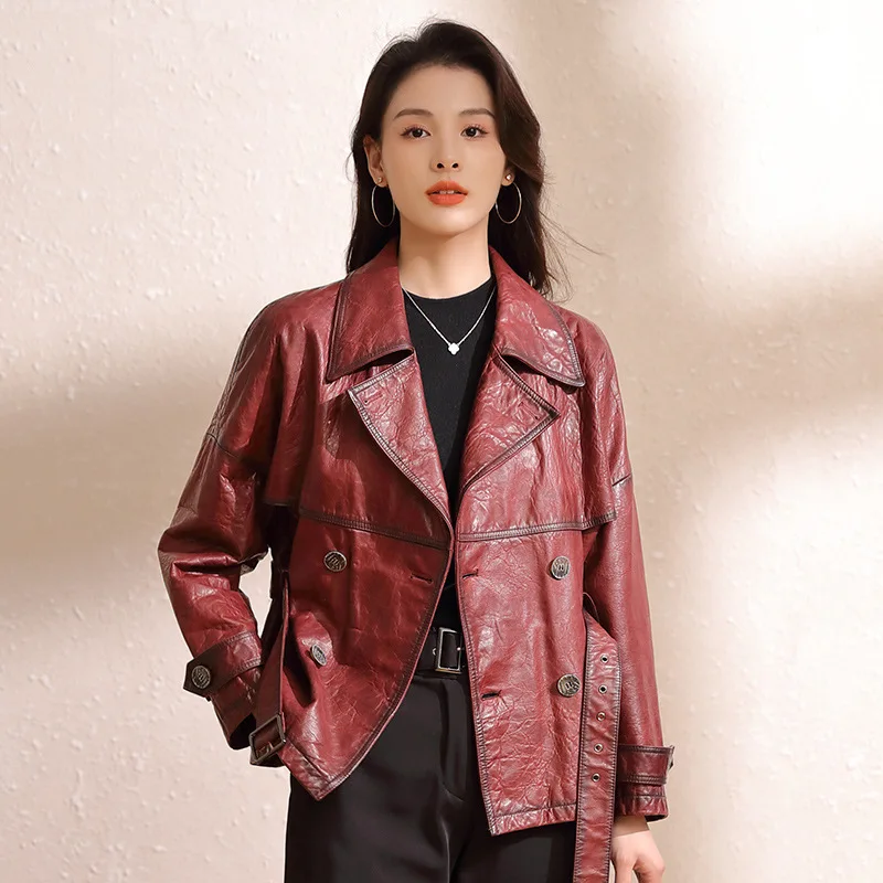 New Genuine Leather Coat Women's Short Suit Collar Waist Wrapped Oil Wax Sheepskin Windbreaker Coat Wine Red New