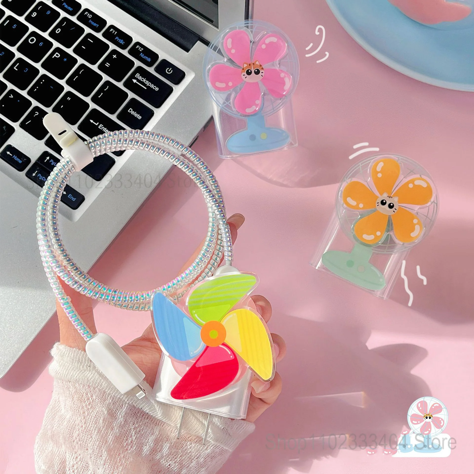 Cartoon Cute Fan Windmill Rotatable Charger Head Data Cable Protective Cover for IPhone 14 13 12 11 Pro 18/20W Soft Winding Rope