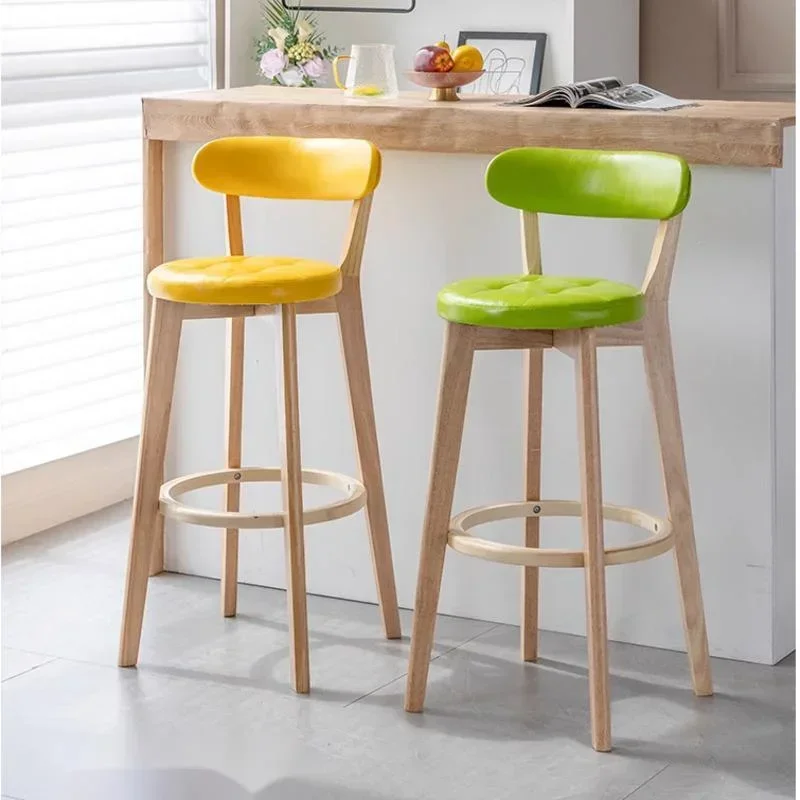 Nordic Bar Chairs Solid Wood High Legged Dining Seat Comfortable Backrest Cashier Stool Stable Load-bearing Modern Furniture