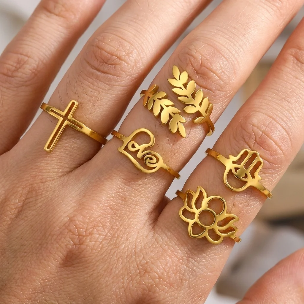 5PC/Set French Style Stainless Steel Open Ring with Hollow Leaf Flower Cross Geometric Design for Women Simple Unique Jewelry