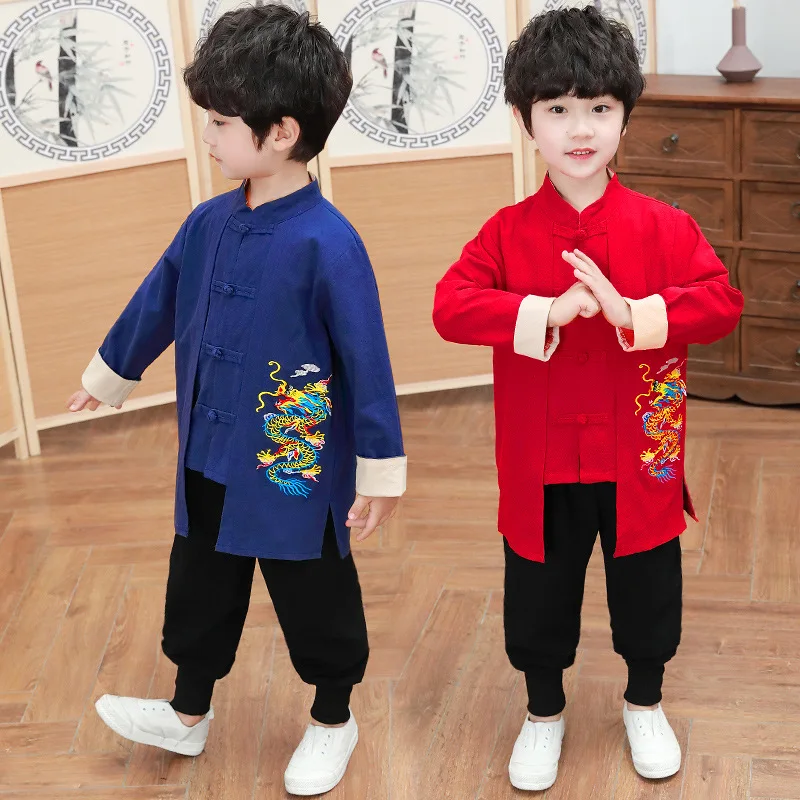 2023NEW cinese tradizionale Hanfu per bambini ragazzi manica lunga drago ricamo capodanno Tang vestito natale autunno cotone rosso