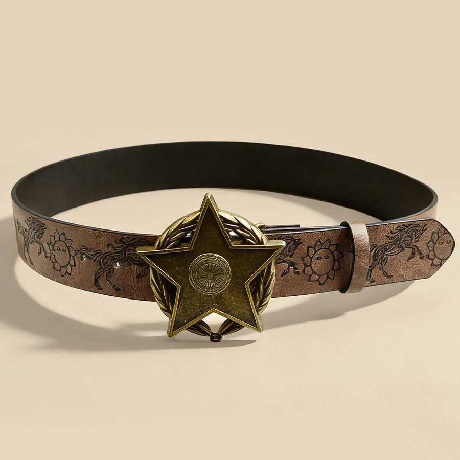 Western Horse & Sun Embossed Belt Brown Star Buckle Unisex Vintage Waistband Retro Distressed Decorative Accessory