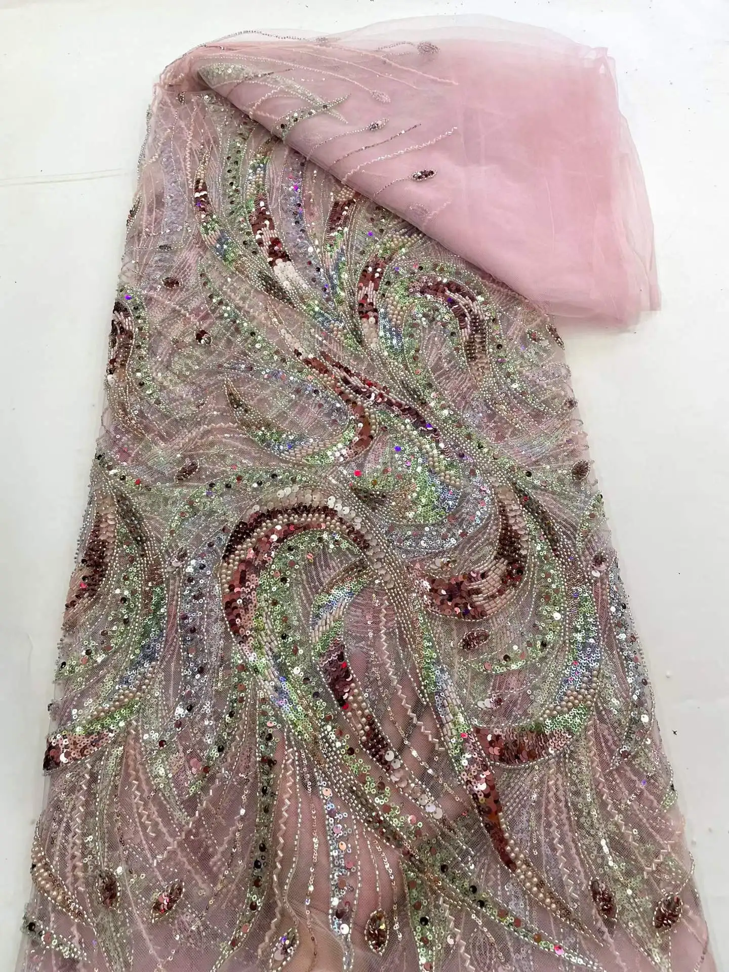 Luxury African Groom Beaded Embroidery Lace Fabric 2026 French Nigerian Sequins Lace For Party Evening Dress 5 Yards Material