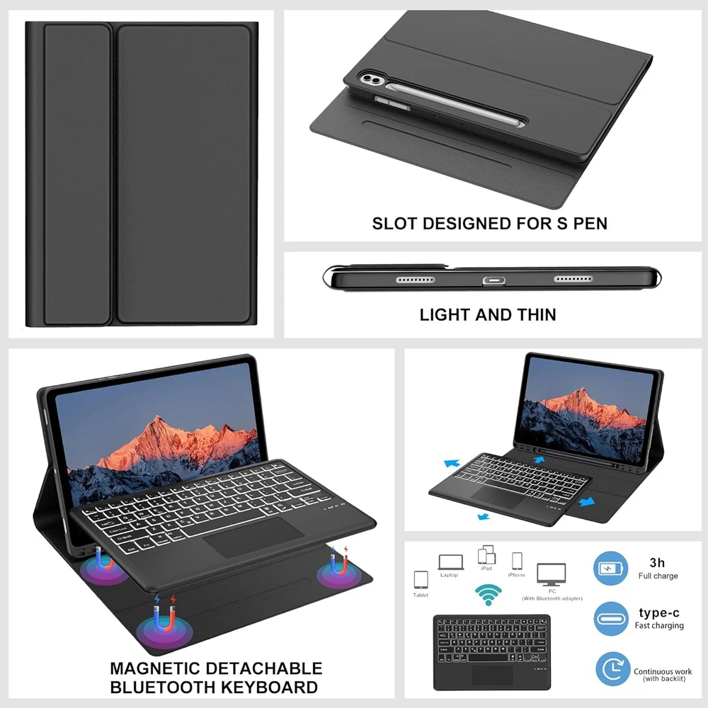 For Samsung Galaxy Tab S7+/ S8+ / S9+ / S7FE+ / S9FE+ / S10+ 12.4 Inch Case, Detachable Magnetic Keyboard Cover with S Pen Holde