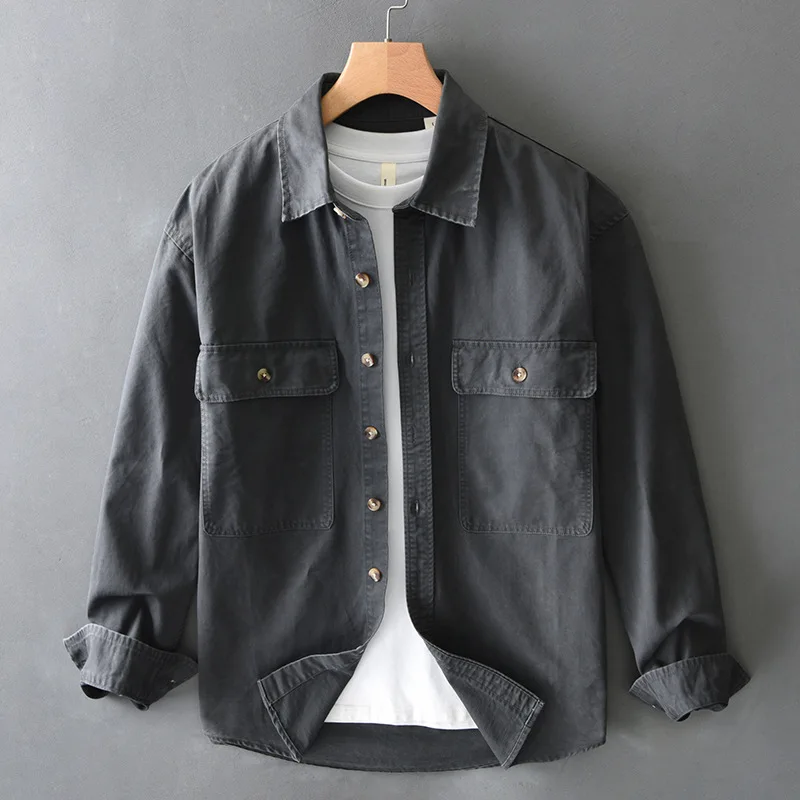 Vintage high-density twill heavy cotton cargo shirt men's spring and autumn new American shirt coat