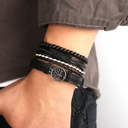 Leather Bracelet For Men Life Tree Alloy Accessories Four Sets Of Hand Rope Diy Wooden Beads Hand-woven Leather Bracelet
