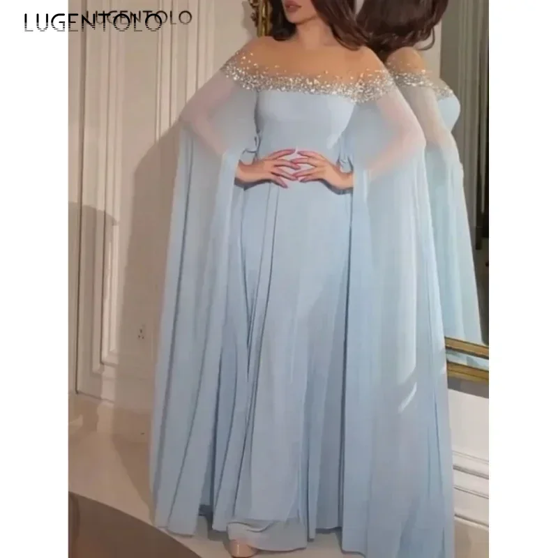 Women Chiffon Sexy Dress Party Temperament Spring Summer Big Swing Lady High Waist Solid Banquet Middle East Long Dresses