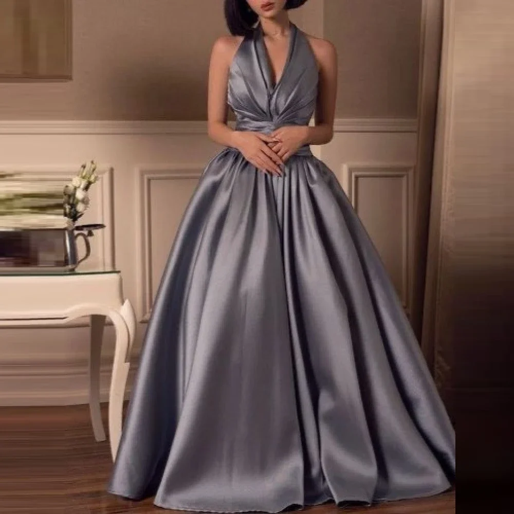 

Customized Simple Elegant Satin Evening Gowns Halter V-neck Prom Dresses Sleeveless A-Line Draped Simple Formal Party Dresses