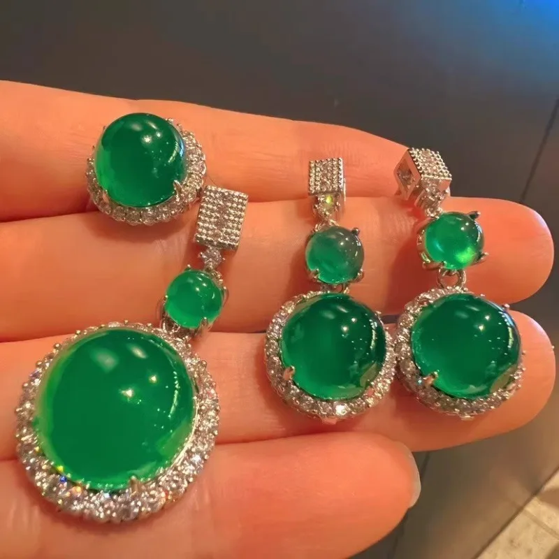 Classic Luxury 925 Silver Natural Ice Chalcedony Green Jewelry Set Round Earrings for Women Light Luxury Diamond Ring Necklace