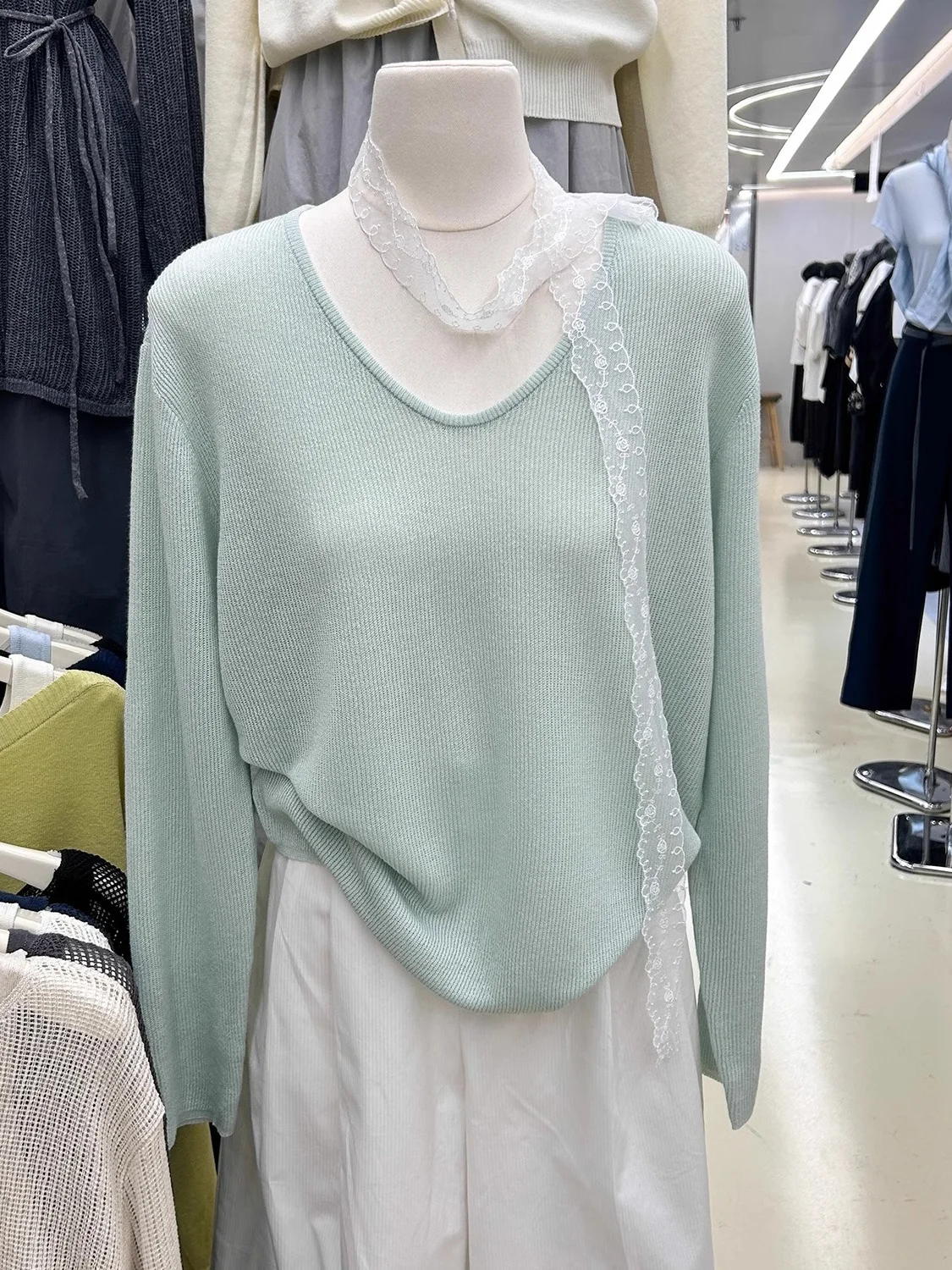 

Свободный вязаный топ с v-образным вырезом и кружевной отделкой, мятная волна, женский весенний новый удобный корейский вязаный свитер Long Sve